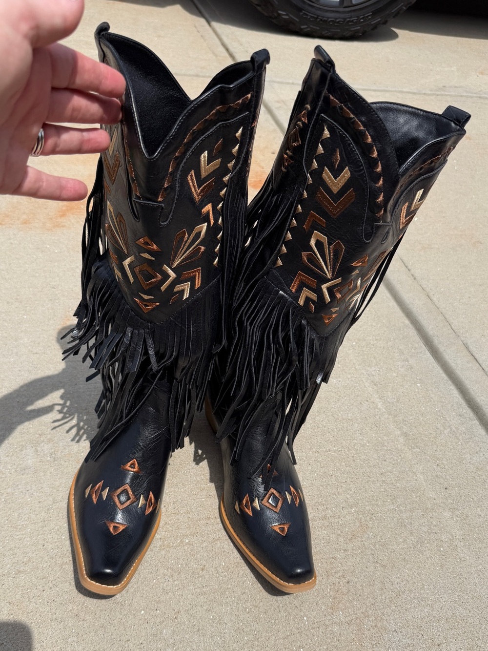 Black Fringe Western Boots with Copper Embroidery - Women's